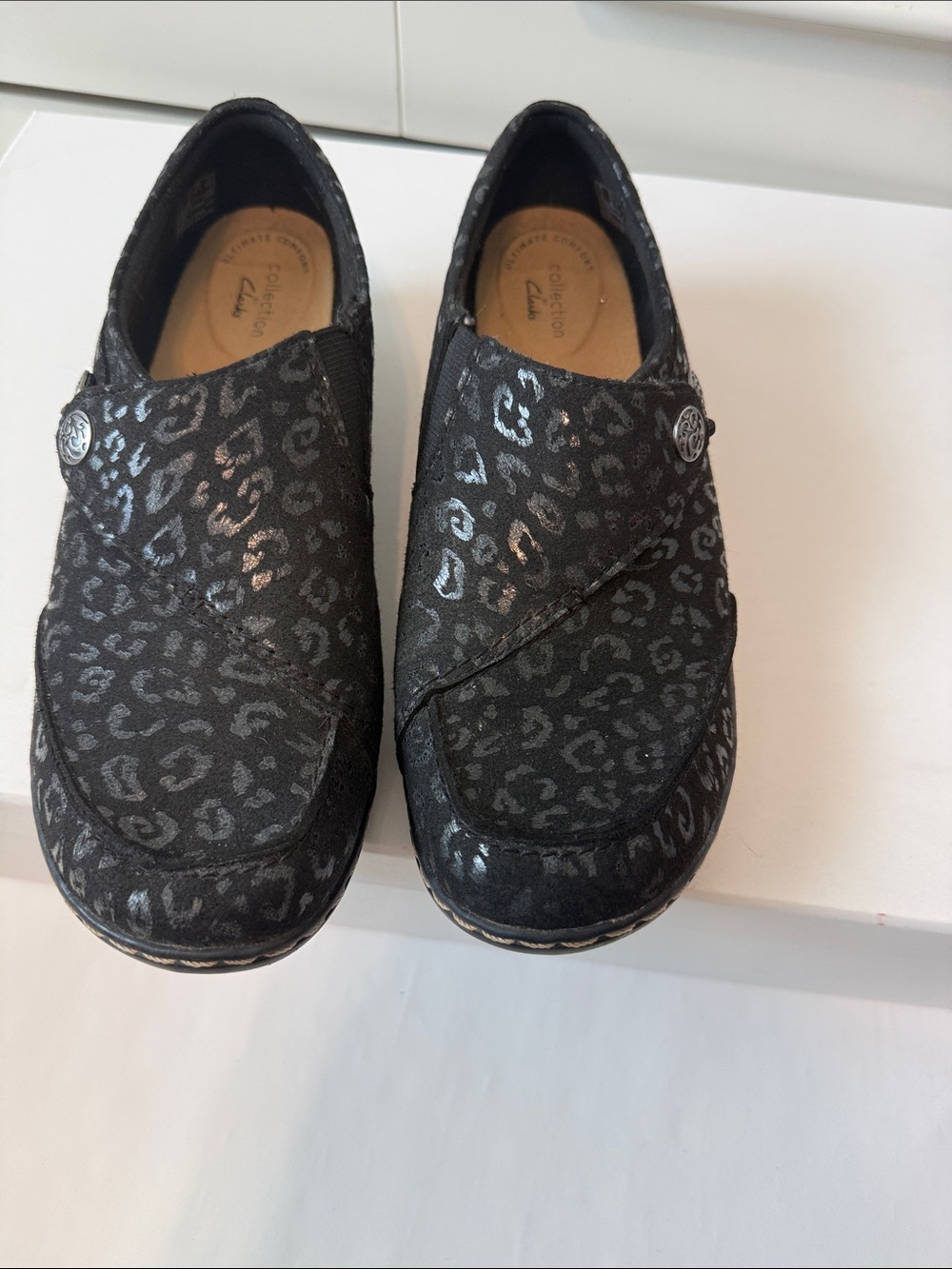 Clarks Ashland Lane Q Black Leopard-Print Slip-On Sneakers